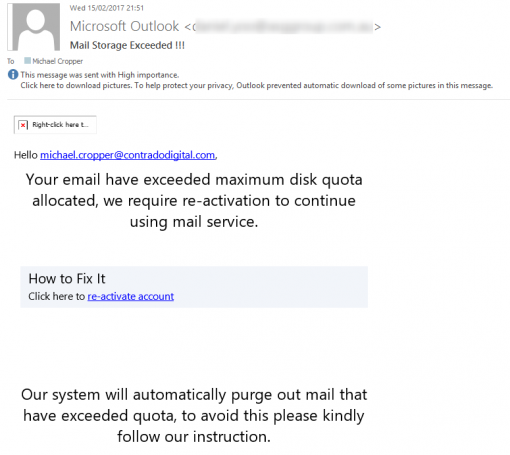 Microsoft Exchange Mail Storage Exceeded Phishing Email - Contrado Digital